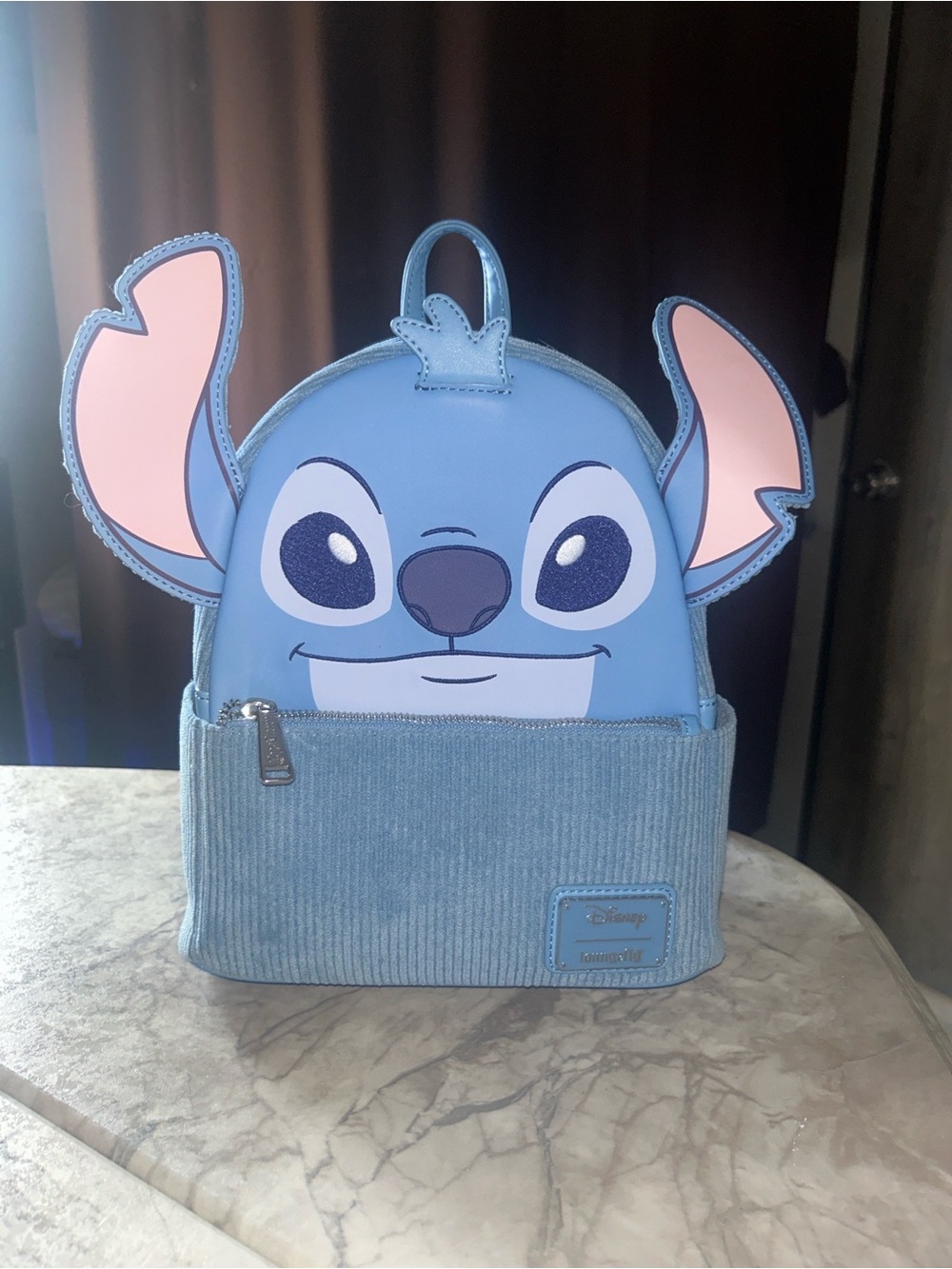 Disney Loungefly Stitch Blue Corduroy Mini Backpack